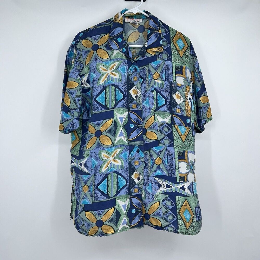 Stunt Blouse Women's Med Floral Button-Up 100% Silk Hawaiian Artsy Colorful